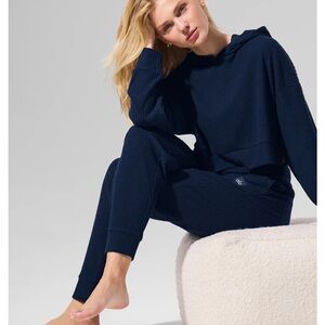 Alo Navy Ribbed Hooded Cropped Top and High-Waist Pants Muse Set